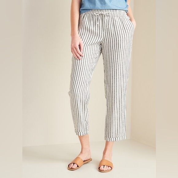 Old Navy Pants - Old Navy Linen Blend Mid-Rise Cropped Striped Pull On Pants Women’s Size Small